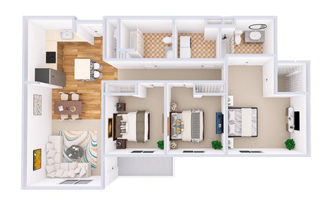 A top-down view of a small apartment with a kitchen, living room, and bedroom.